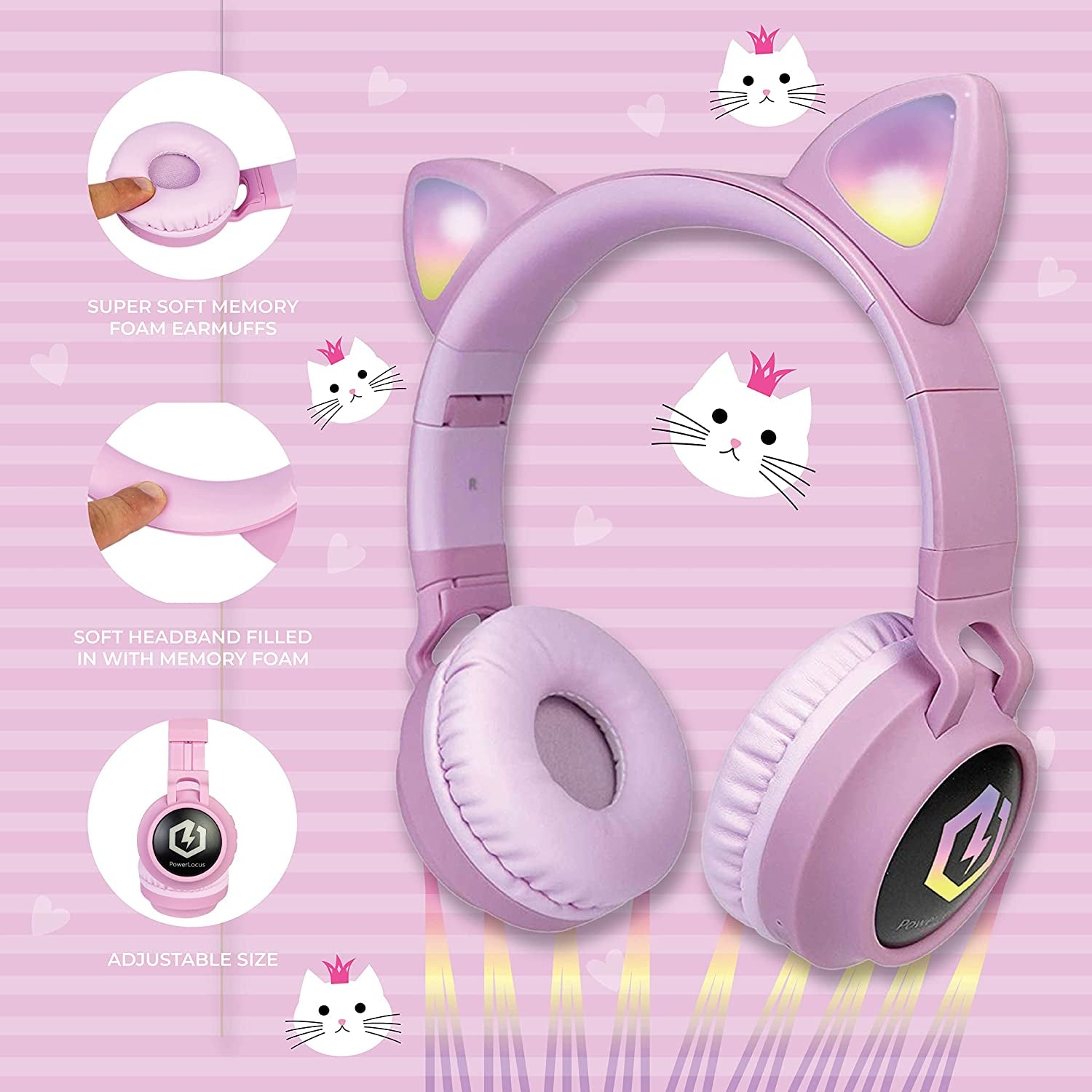 Vibrant Pink Bluetooth 5.3 Wireless Cat Ear Headphones for Kids - LED Lights, Safe Volume Limit & Micro SD/TF Support for iPad & Tablet
