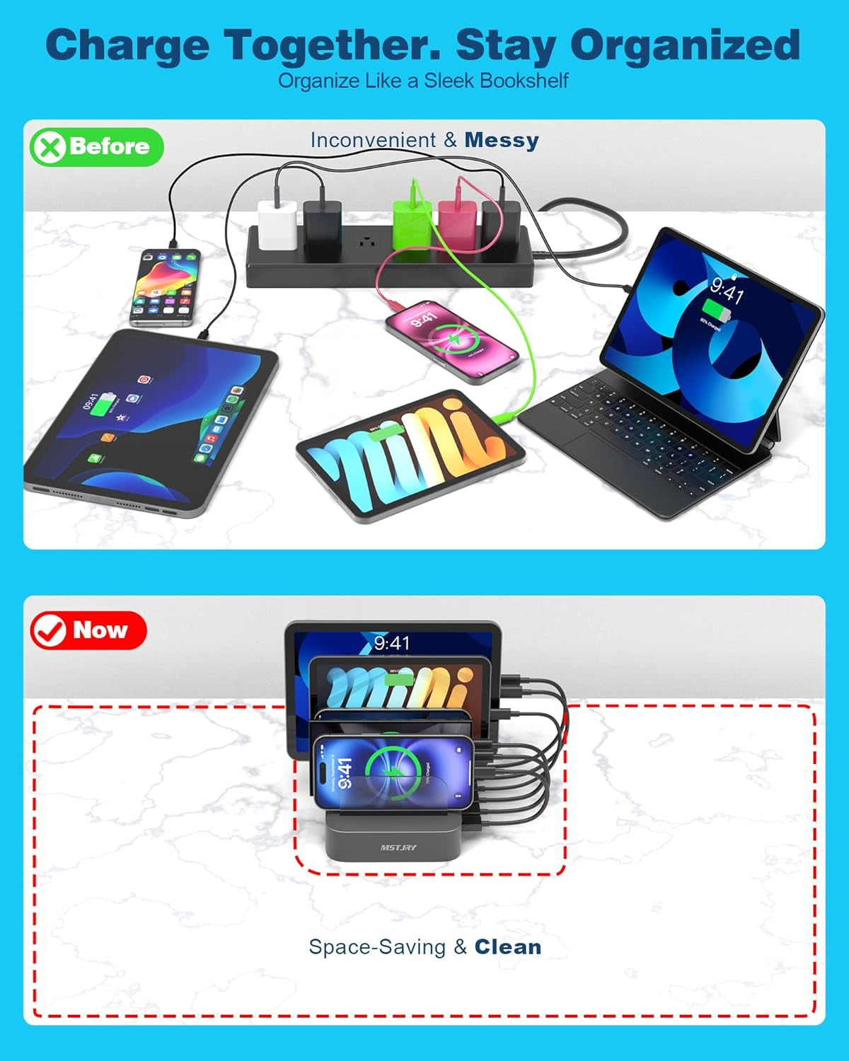Ultimate 5-Port Multi-Device Charging Station - Gray Organizer Dock with 7 Short Cables for iPhone, iPad, Smartphones, and Tablets
