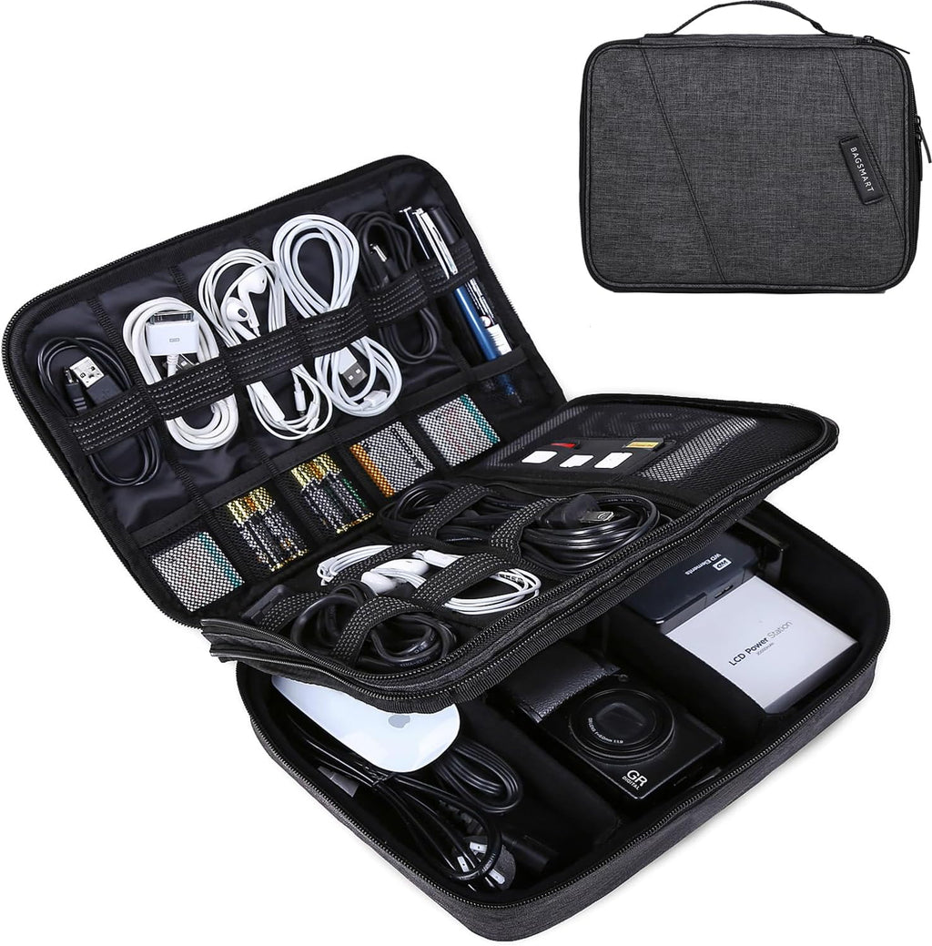 Ultimate Double Layer Electronic Organizer - Stylish Travel Bag for 10.5 Inch iPad Pro, Perfect for Adapters and Cables in Sleek Black
