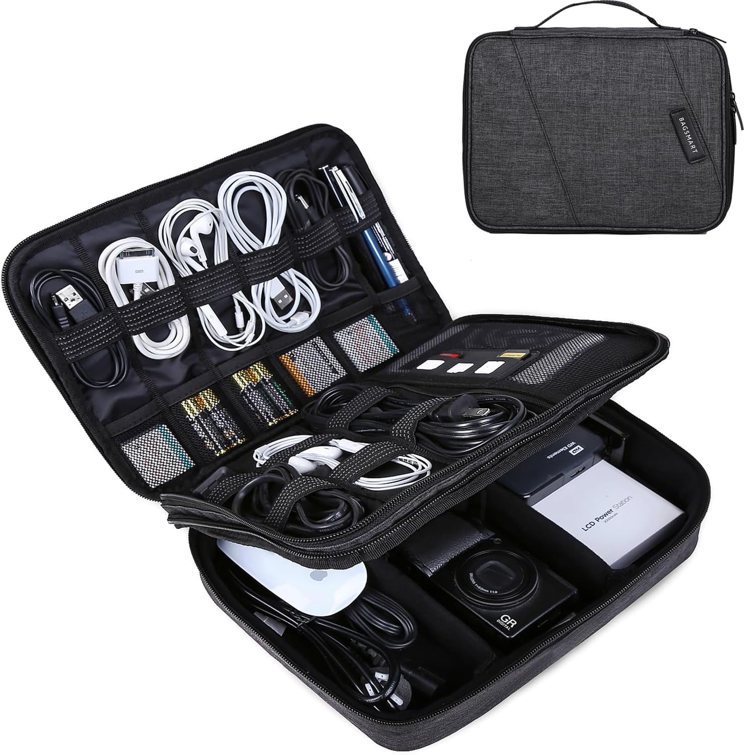 Ultimate Double Layer Electronic Organizer - Stylish Travel Bag for 10.5 Inch iPad Pro, Perfect for Adapters and Cables in Sleek Black