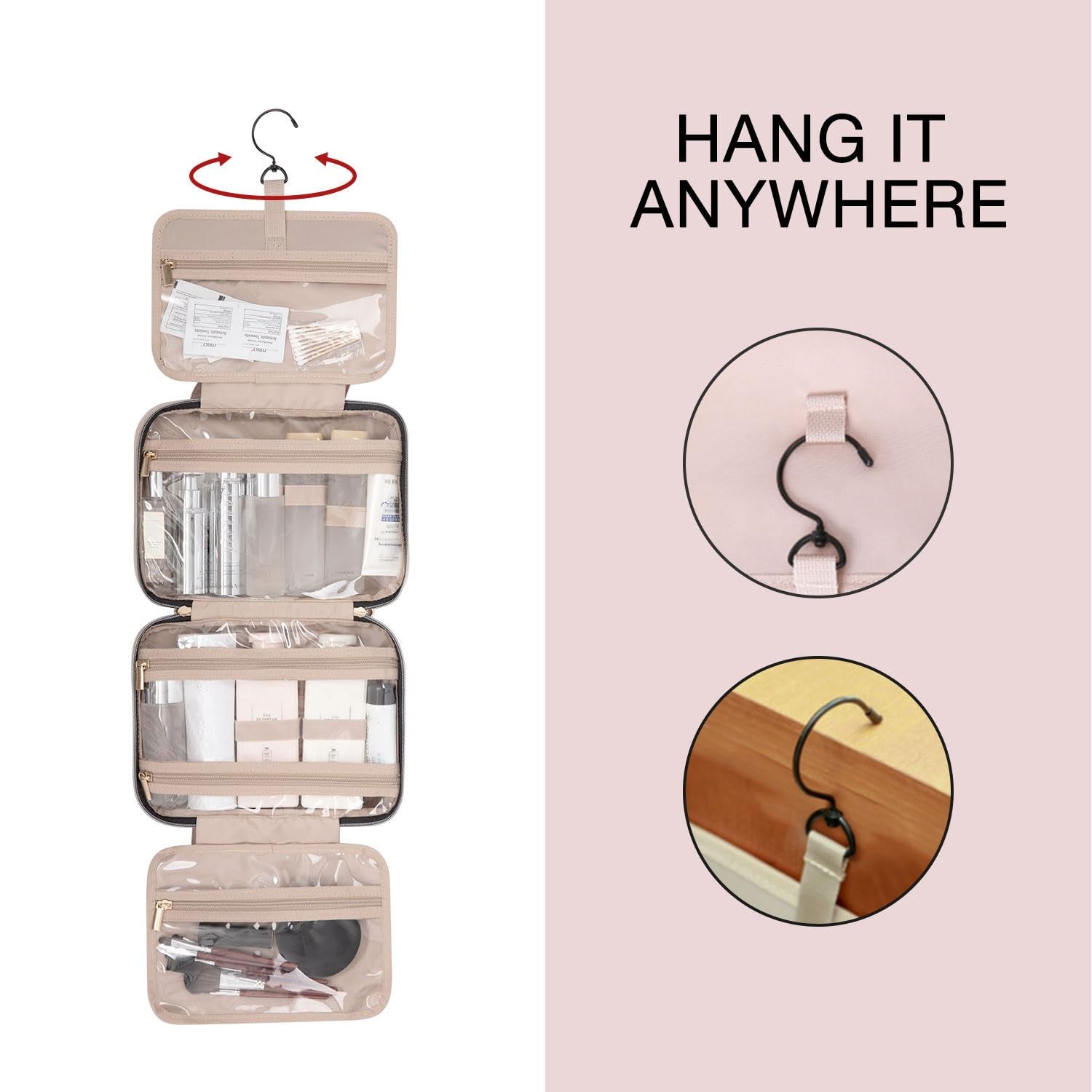 Chic Baby Pink Medium Water-Resistant Toiletry Bag with Hanging Hook - Ultimate Travel Organizer for Cosmetics and Accessories