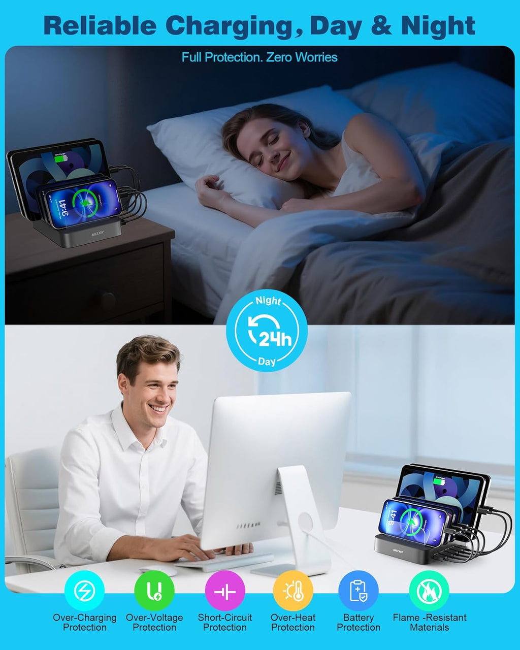 Ultimate 5-Port Multi-Device Charging Station - Gray Organizer Dock with 7 Short Cables for iPhone, iPad, Smartphones, and Tablets