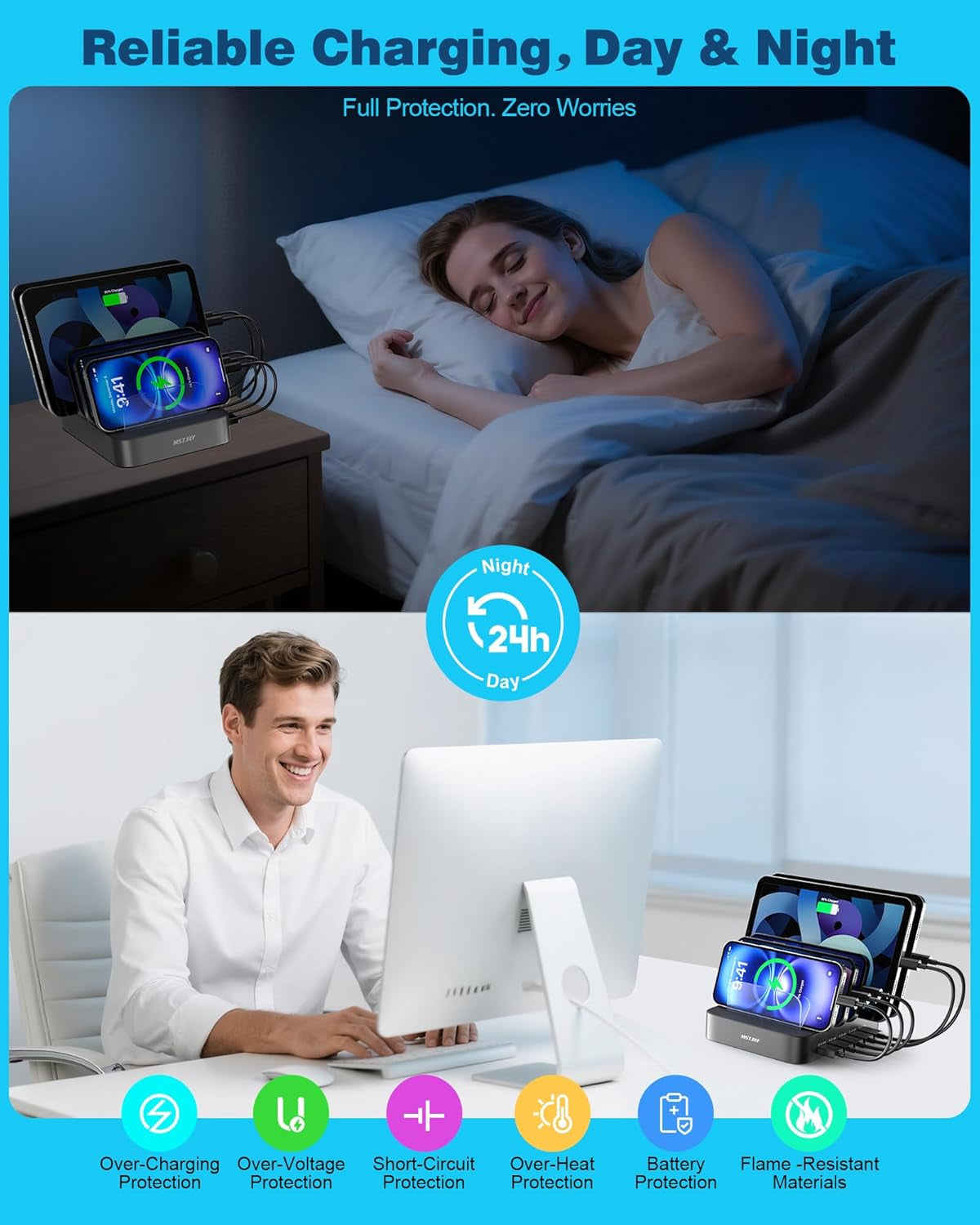 Ultimate 5-Port Multi-Device Charging Station - Gray Organizer Dock with 7 Short Cables for iPhone, iPad, Smartphones, and Tablets