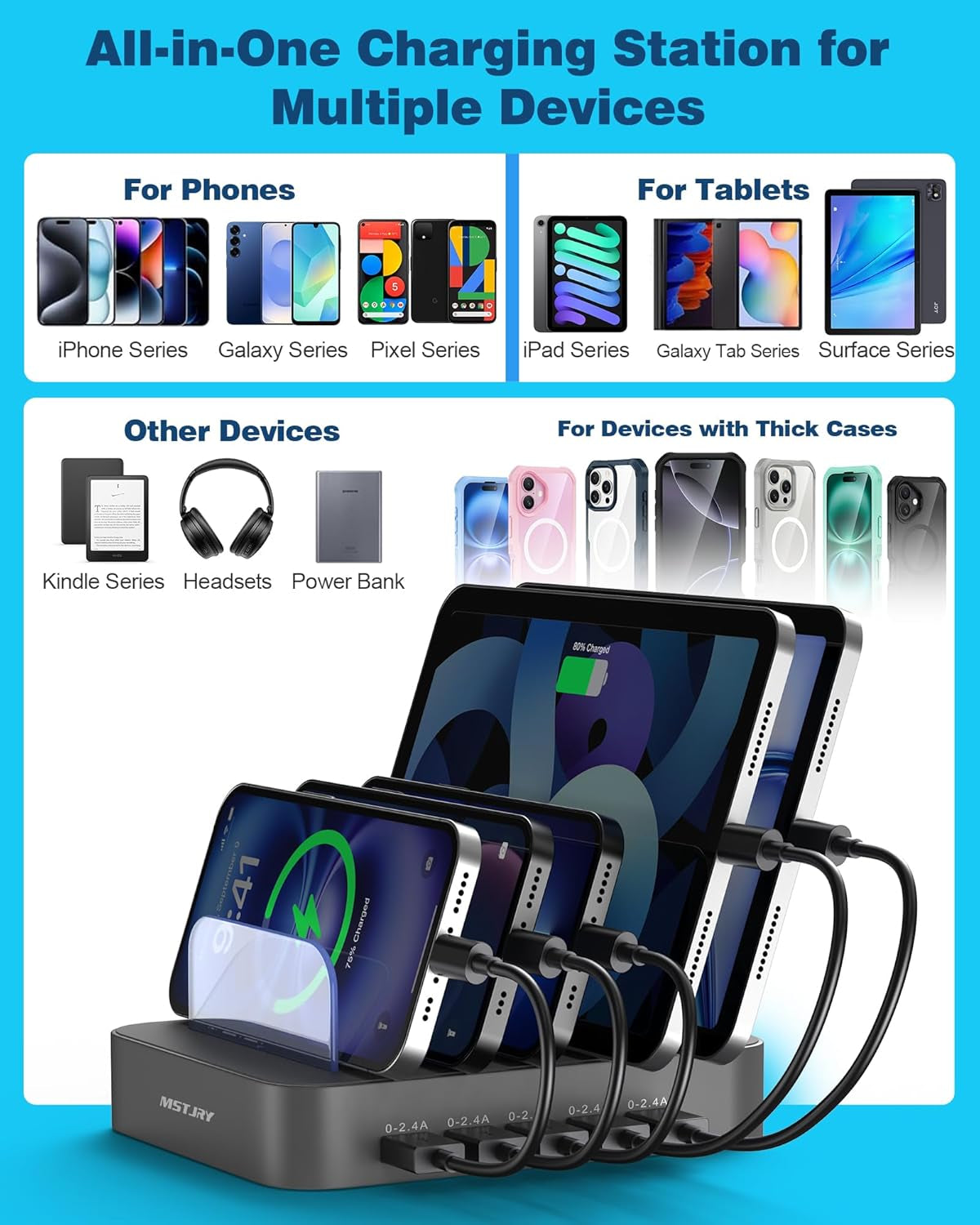 Ultimate 5-Port Multi-Device Charging Station - Gray Organizer Dock with 7 Short Cables for iPhone, iPad, Smartphones, and Tablets