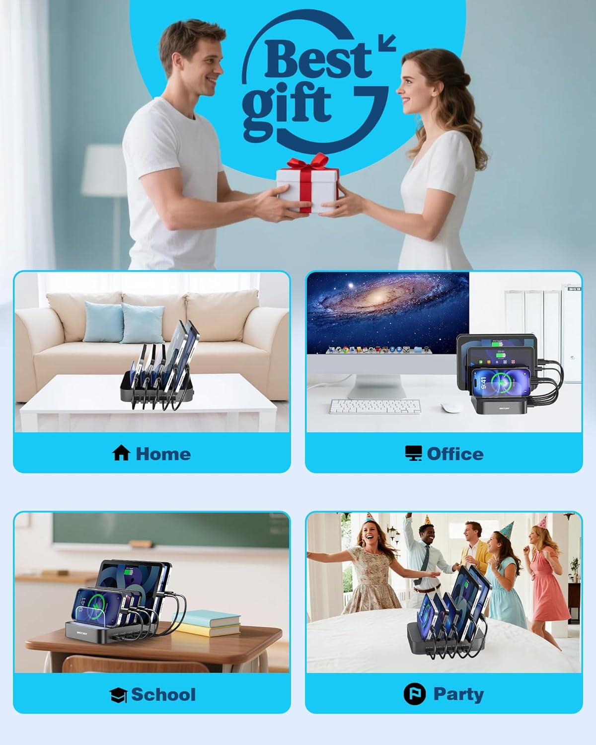 Ultimate 5-Port Multi-Device Charging Station - Gray Organizer Dock with 7 Short Cables for iPhone, iPad, Smartphones, and Tablets