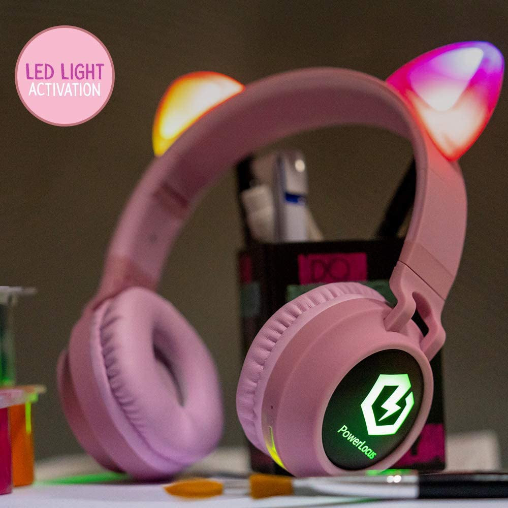 Vibrant Pink Bluetooth 5.3 Wireless Cat Ear Headphones for Kids - LED Lights, Safe Volume Limit & Micro SD/TF Support for iPad & Tablet