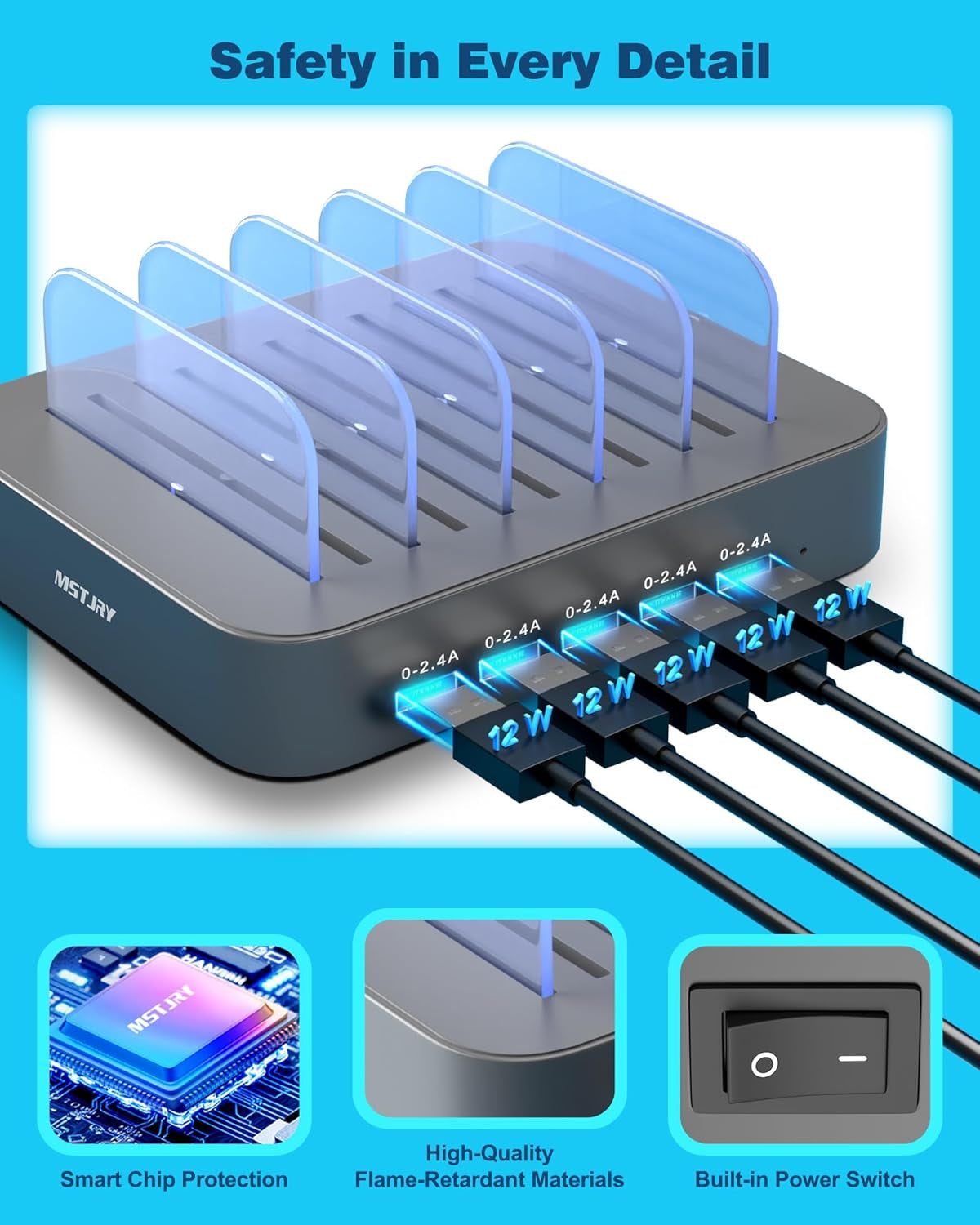 Ultimate 5-Port Multi-Device Charging Station - Gray Organizer Dock with 7 Short Cables for iPhone, iPad, Smartphones, and Tablets