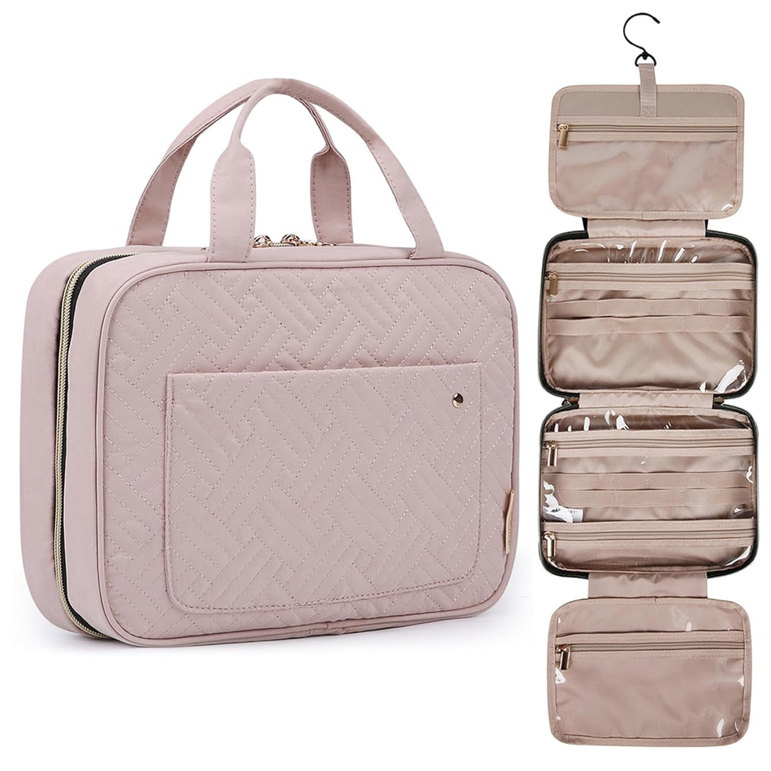 Chic Baby Pink Medium Water-Resistant Toiletry Bag with Hanging Hook - Ultimate Travel Organizer for Cosmetics and Accessories