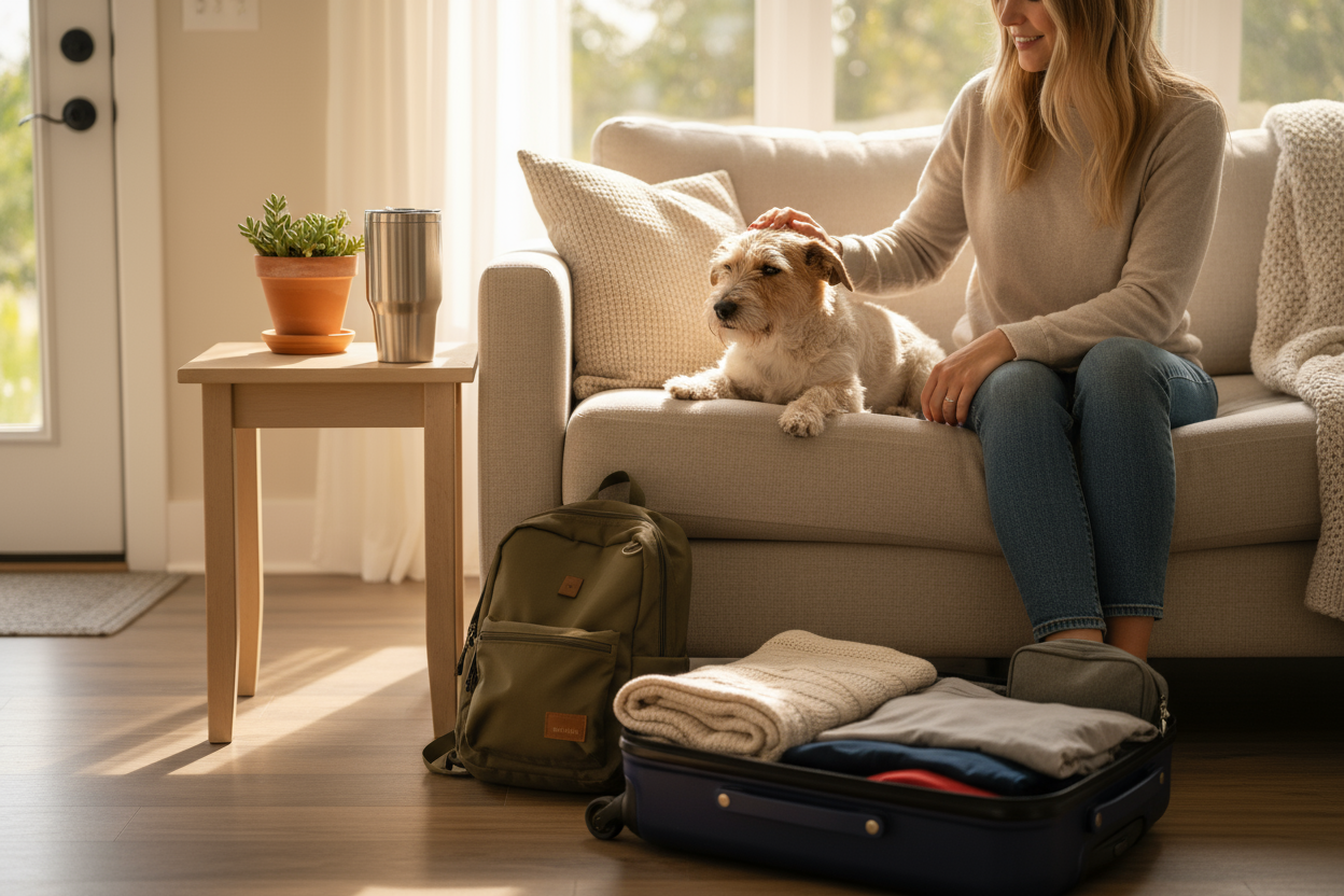 Add:
	•	A travel mug or small item on the side table (implying movement/adventure)
	•	A folded travel blanket or backpack near the suitcase
(Adds “ready-to-go again” vibe without cluttering the frame.)
