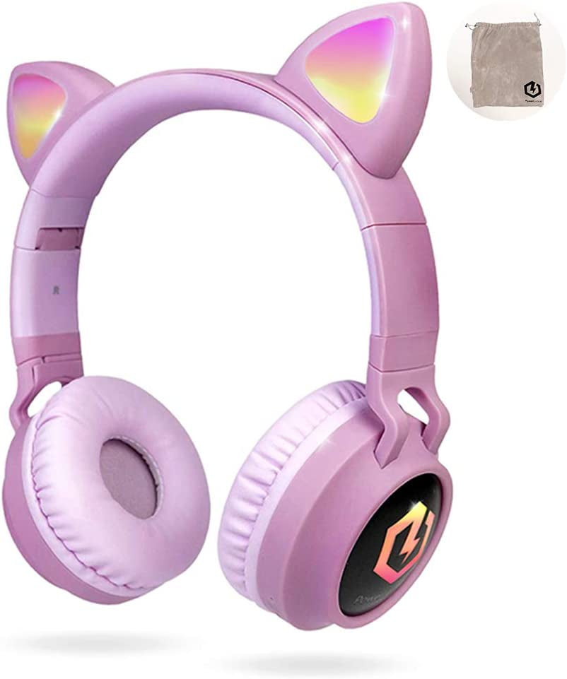 Vibrant Pink Bluetooth 5.3 Wireless Cat Ear Headphones for Kids - LED Lights, Safe Volume Limit & Micro SD/TF Support for iPad & Tablet